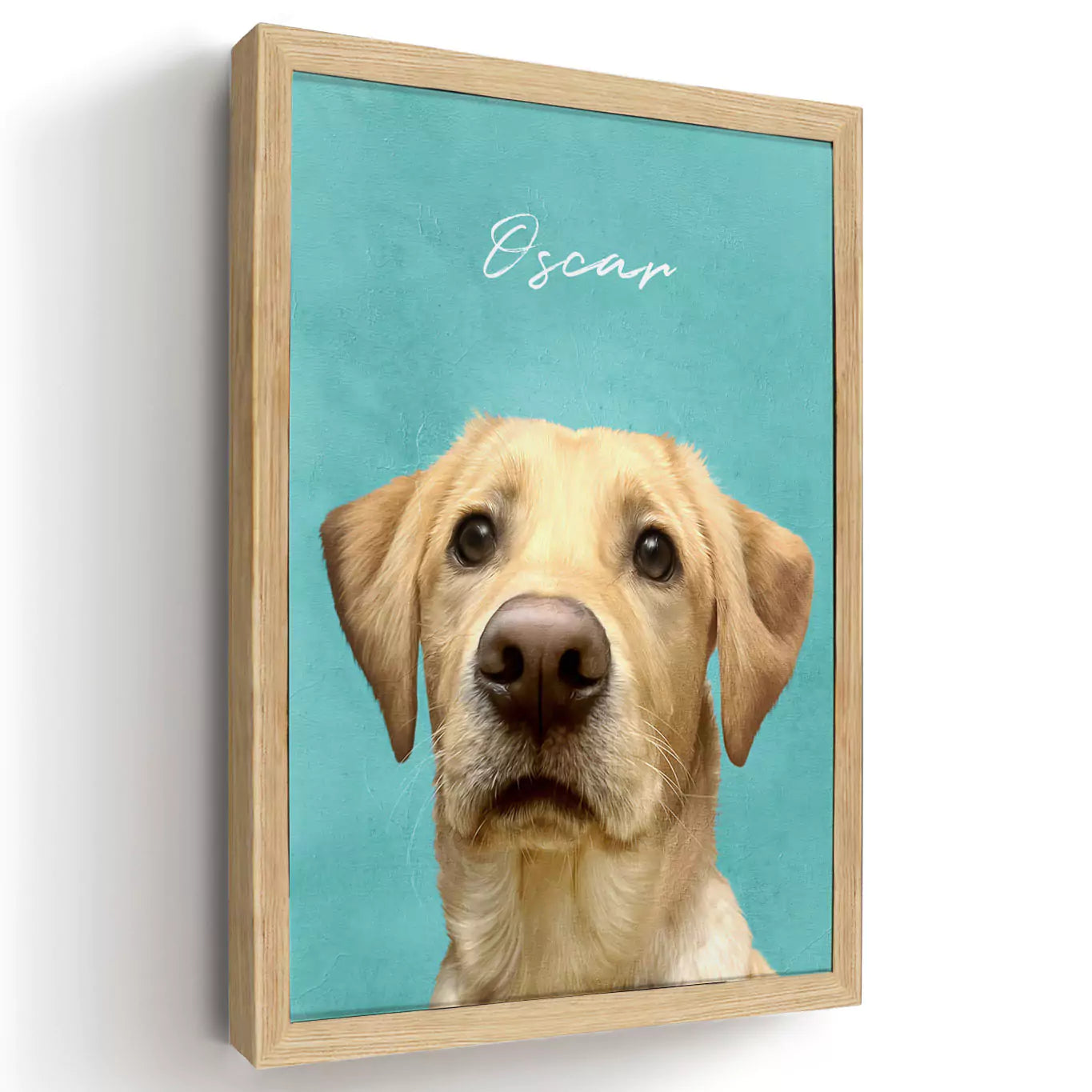 colourful modern pet portrait with a wood frame