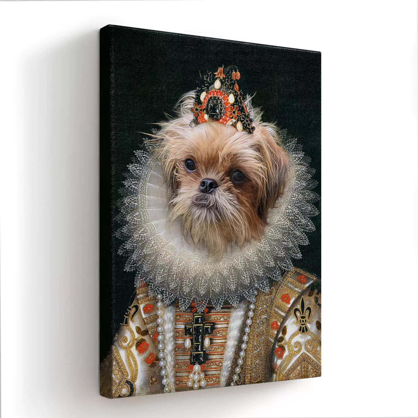 funny dog portrait, animal portraits, dog dressed as queen, dog queen canvas, dog queen print, pet portrait custom, canvas dog print
