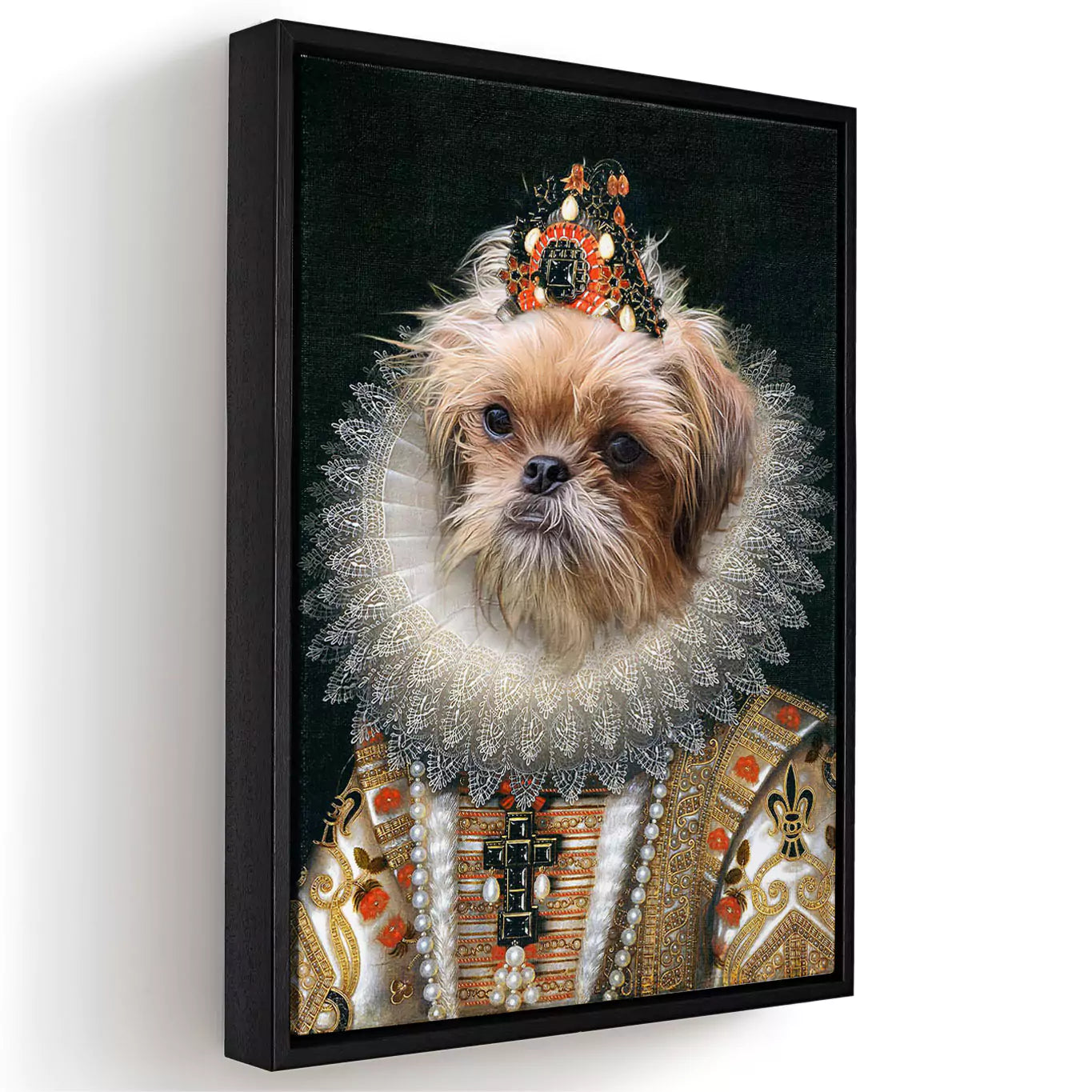 funny dog portrait, animal portraits, dog dressed as queen, dog queen canvas, dog queen print, pet portrait custom, framed canvas dog print