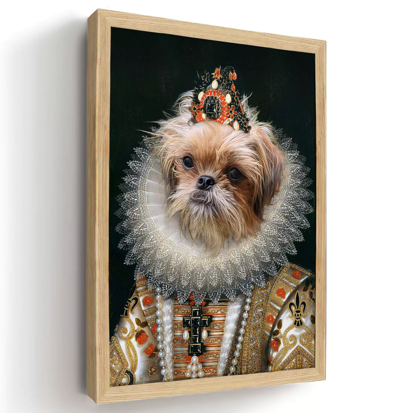 funny dog portrait, animal portraits, dog dressed as queen, dog queen canvas, dog queen print, pet portrait custom, framed dog portrait