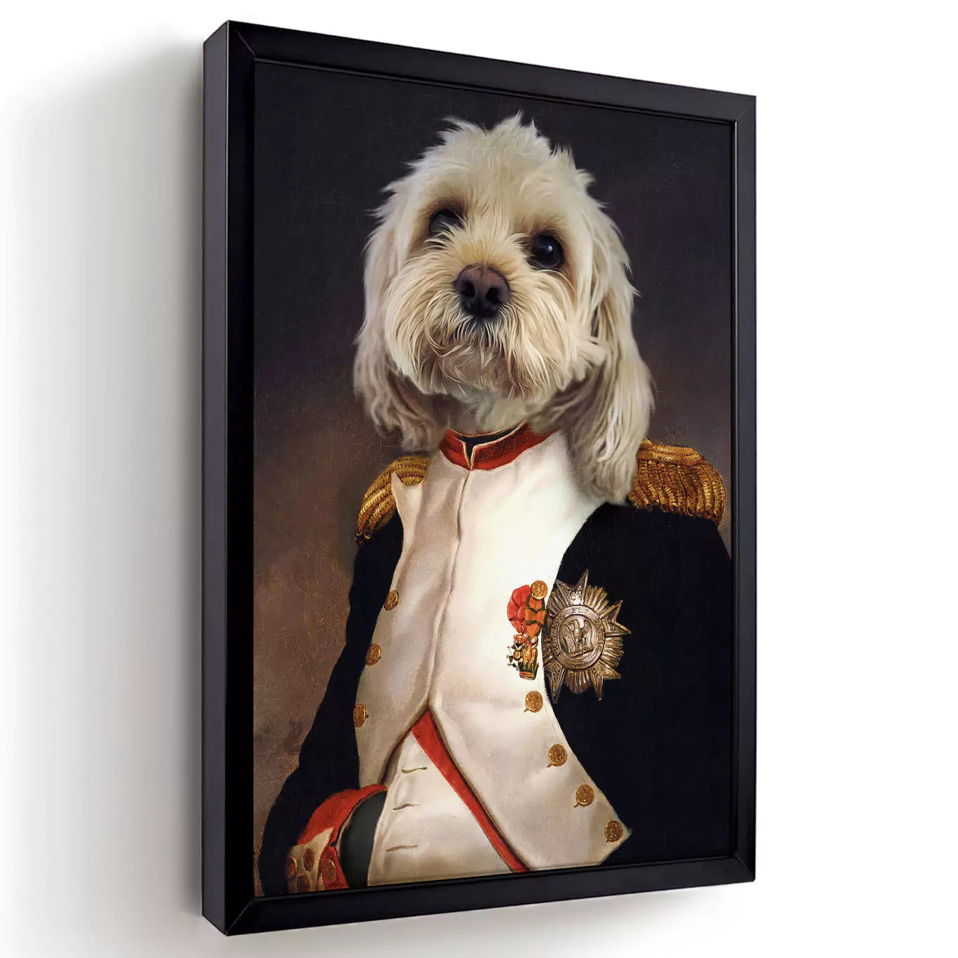 pet print, dog print, napoleon pet portrait dog dressed as napoleon, renaissance dog portrait napoleon, custom dog art black frame
