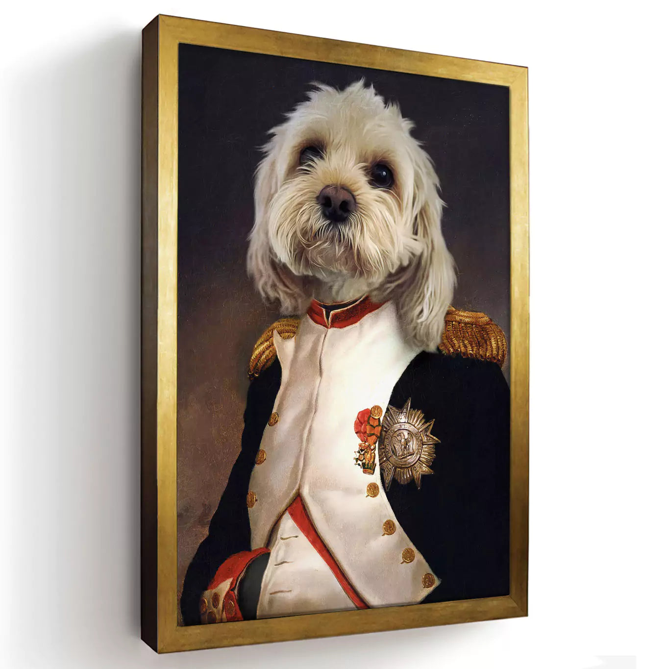 pet print, dog print, napoleon pet portrait dog dressed as napoleon, renaissance dog portrait napoleon, custom dog art gold frame