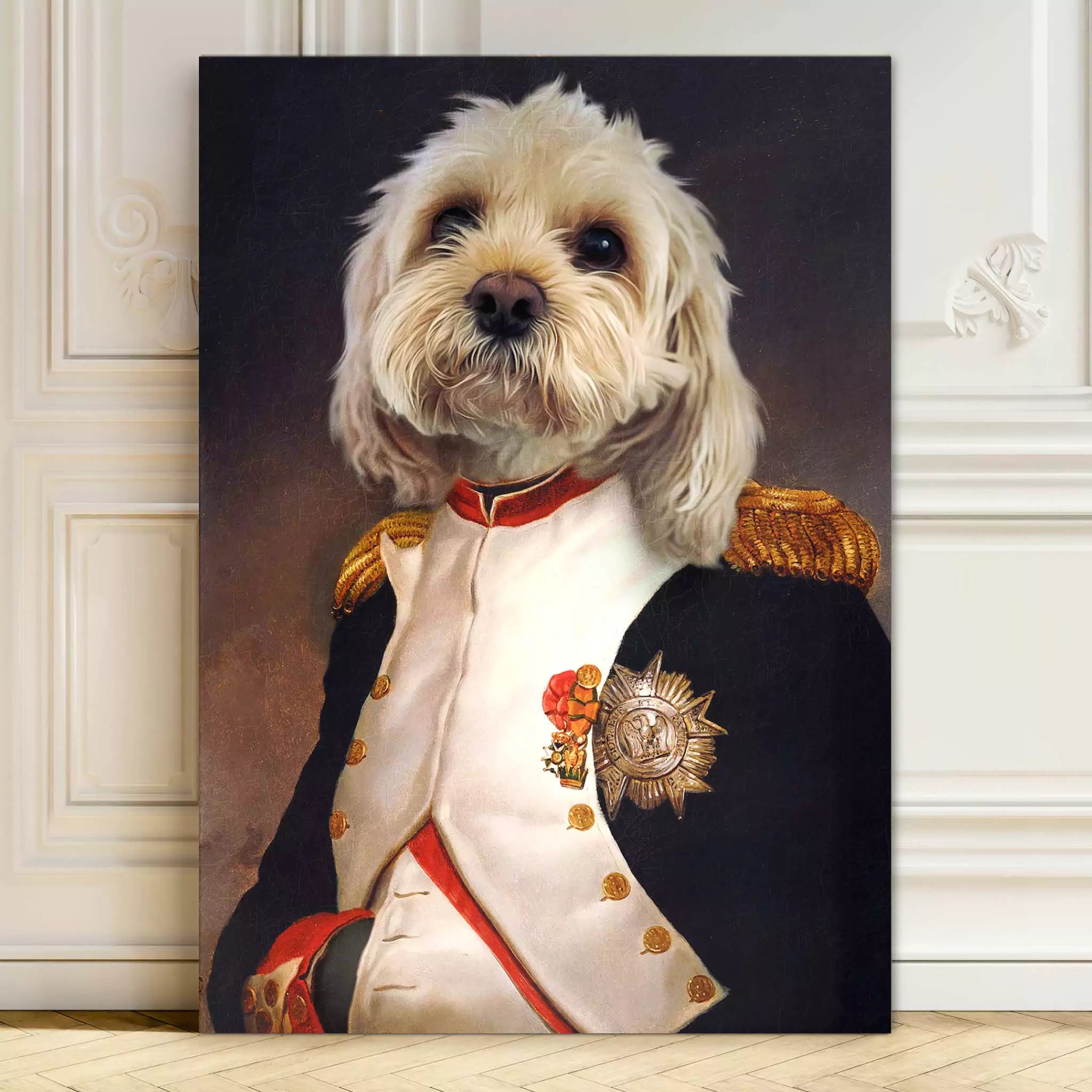 pet print, dog print, napoleon pet portrait dog dressed as napoleon, renaissance dog portrait napoleon, custom dog canvas