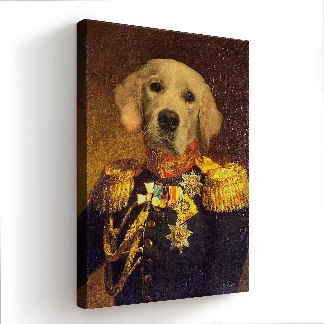 royal dog painting, renaissance dog painting, admiral dog print, admiral pet print, admiral dog canvas, vintage dog art, dog wearing vintage clothes, dog in admiral outfit with epaulettes, personalised dog canvas