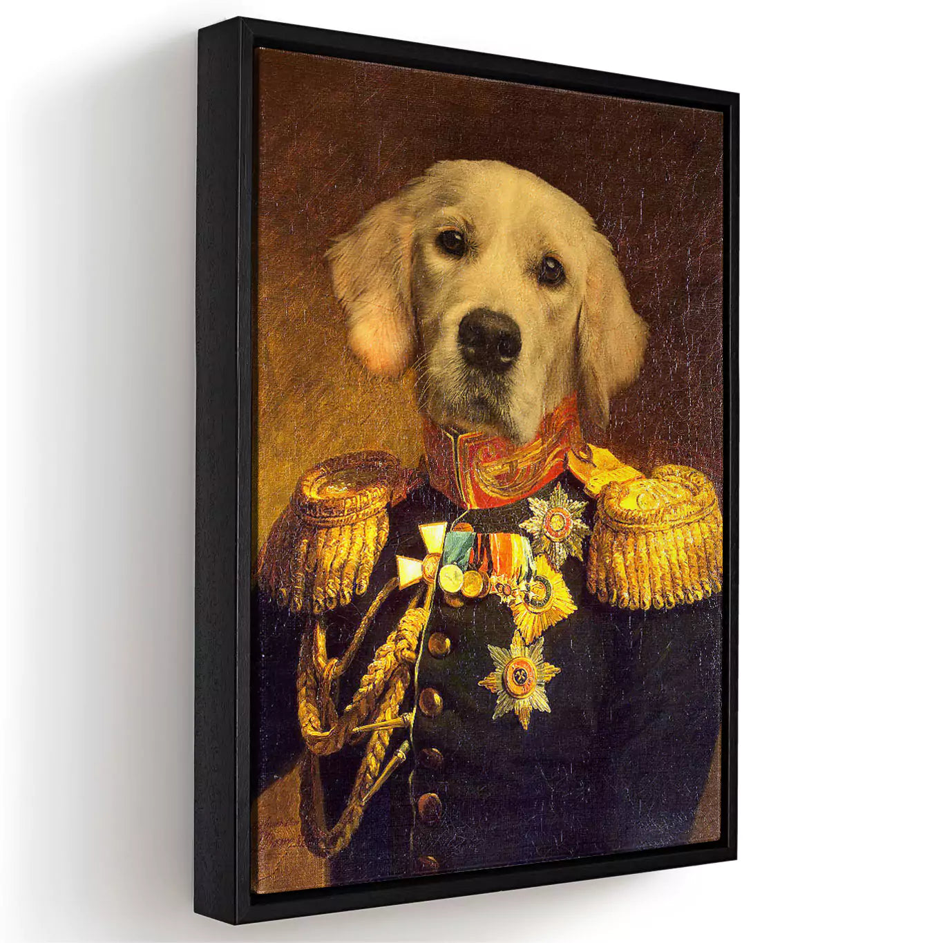royal dog painting, renaissance dog painting, admiral dog print, admiral pet print, admiral dog canvas, vintage dog art, dog wearing vintage clothes, dog in admiral outfit with epaulettes, personalised dog canvas pet art