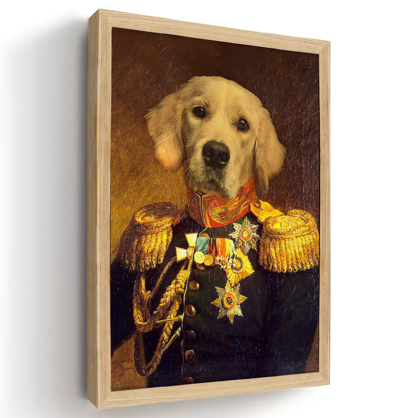 royal dog painting, renaissance dog painting, admiral dog print, admiral pet print, admiral dog canvas, vintage dog art, dog wearing vintage clothes, dog in admiral outfil with epaulettes, wooden picture frame