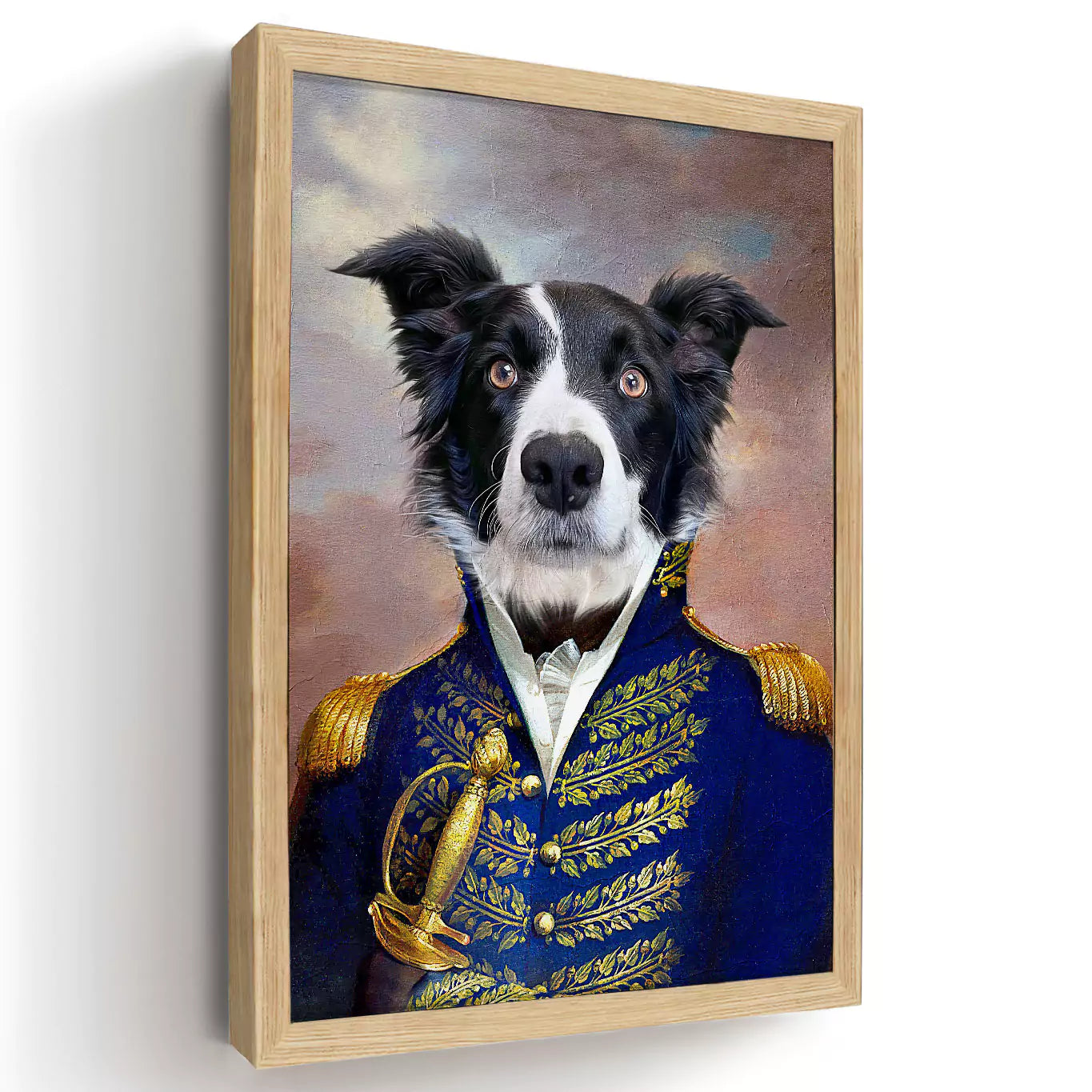 governor dog portrait in a wood frame