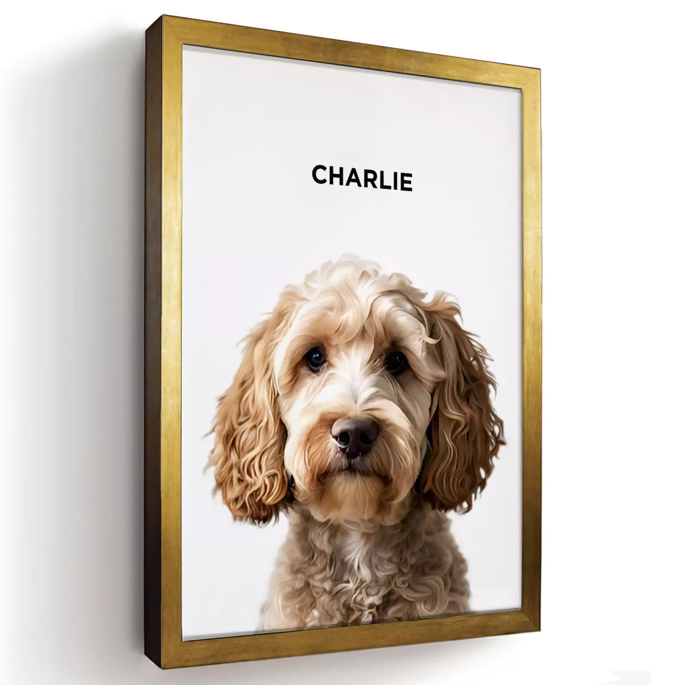 modern pet portrait with a gold frame