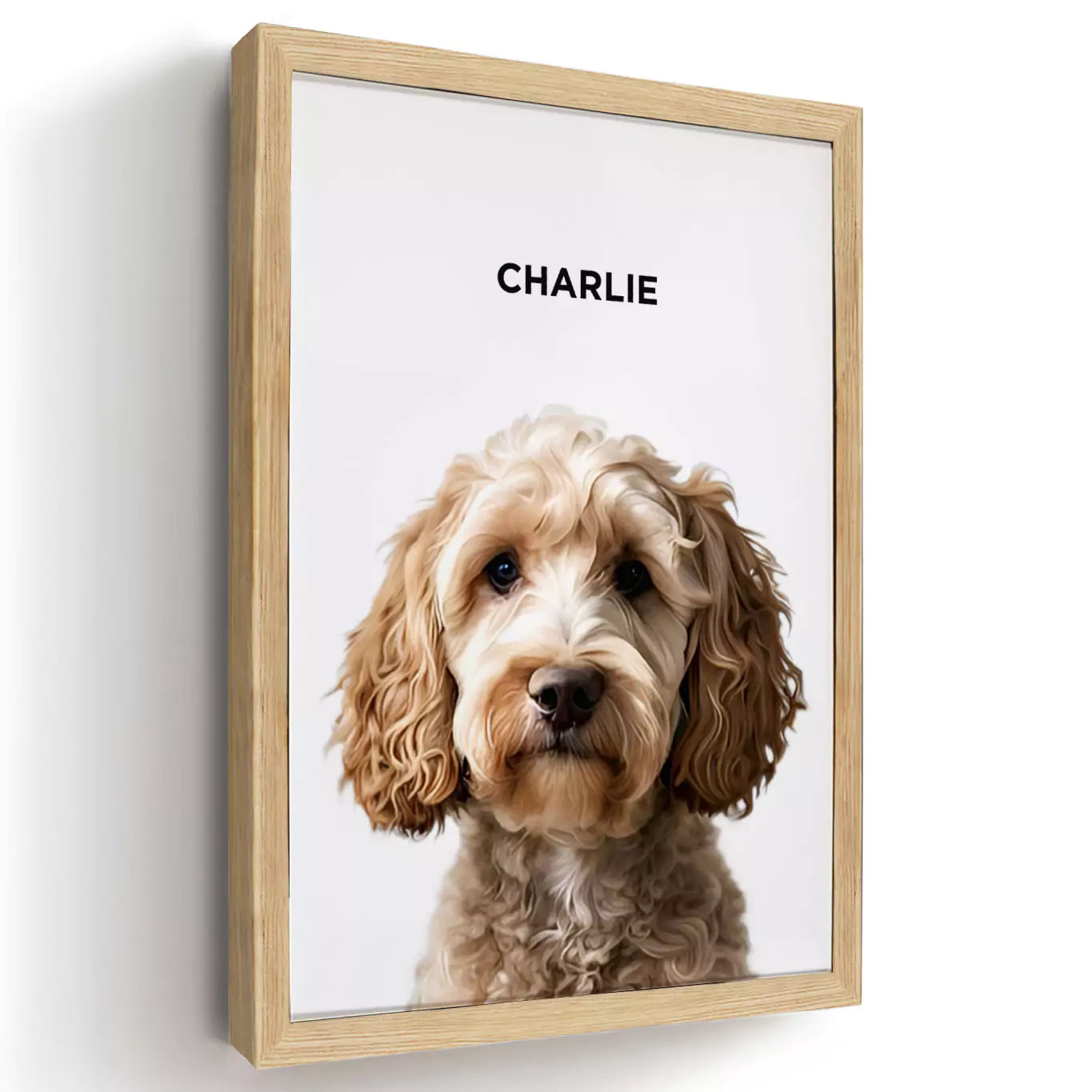 modern pet portrait with a wood frame