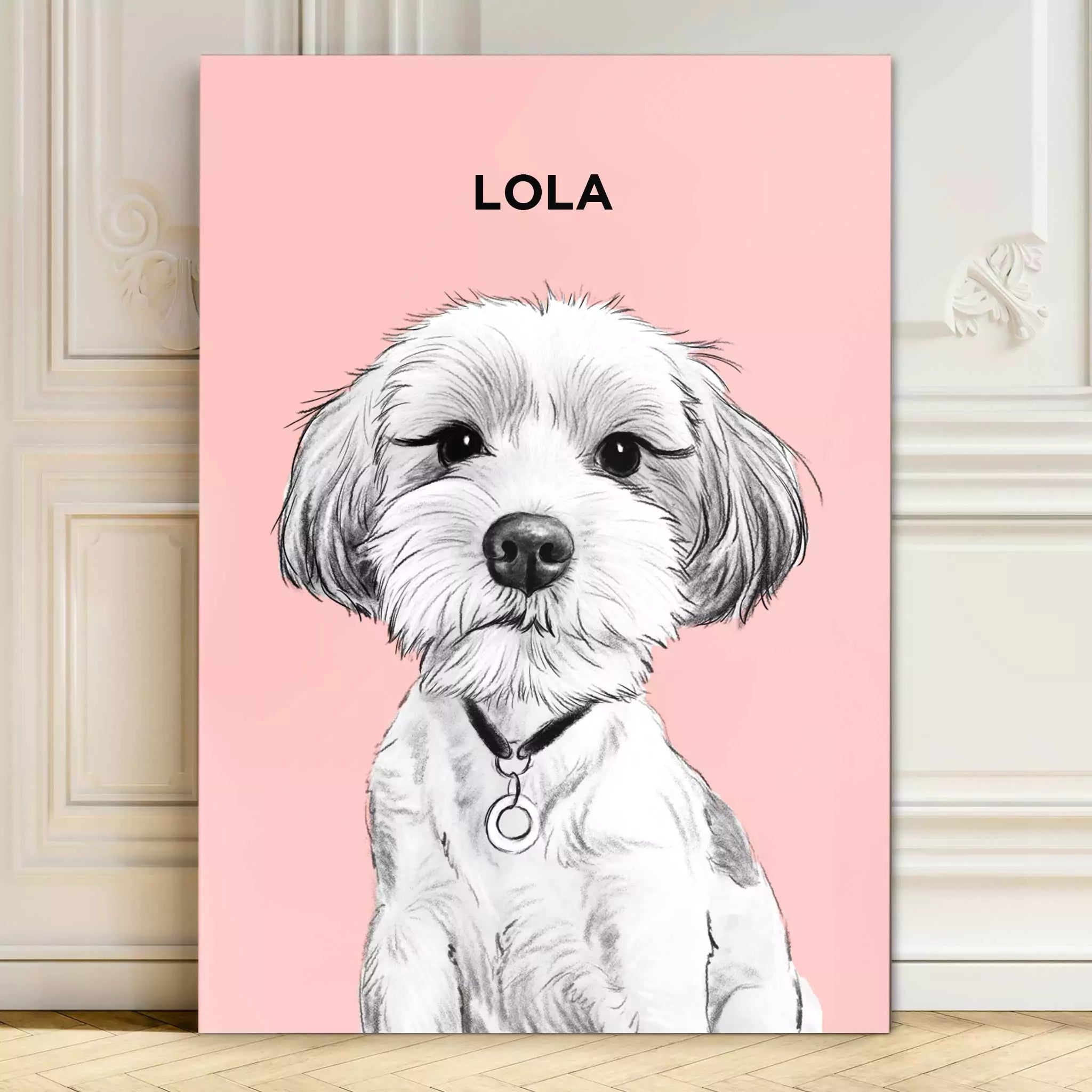 pet portrait, pet portrait illustration, personalised dog drawing, custom dog illustration, pet portrait with name, hand made dog portrait pink 