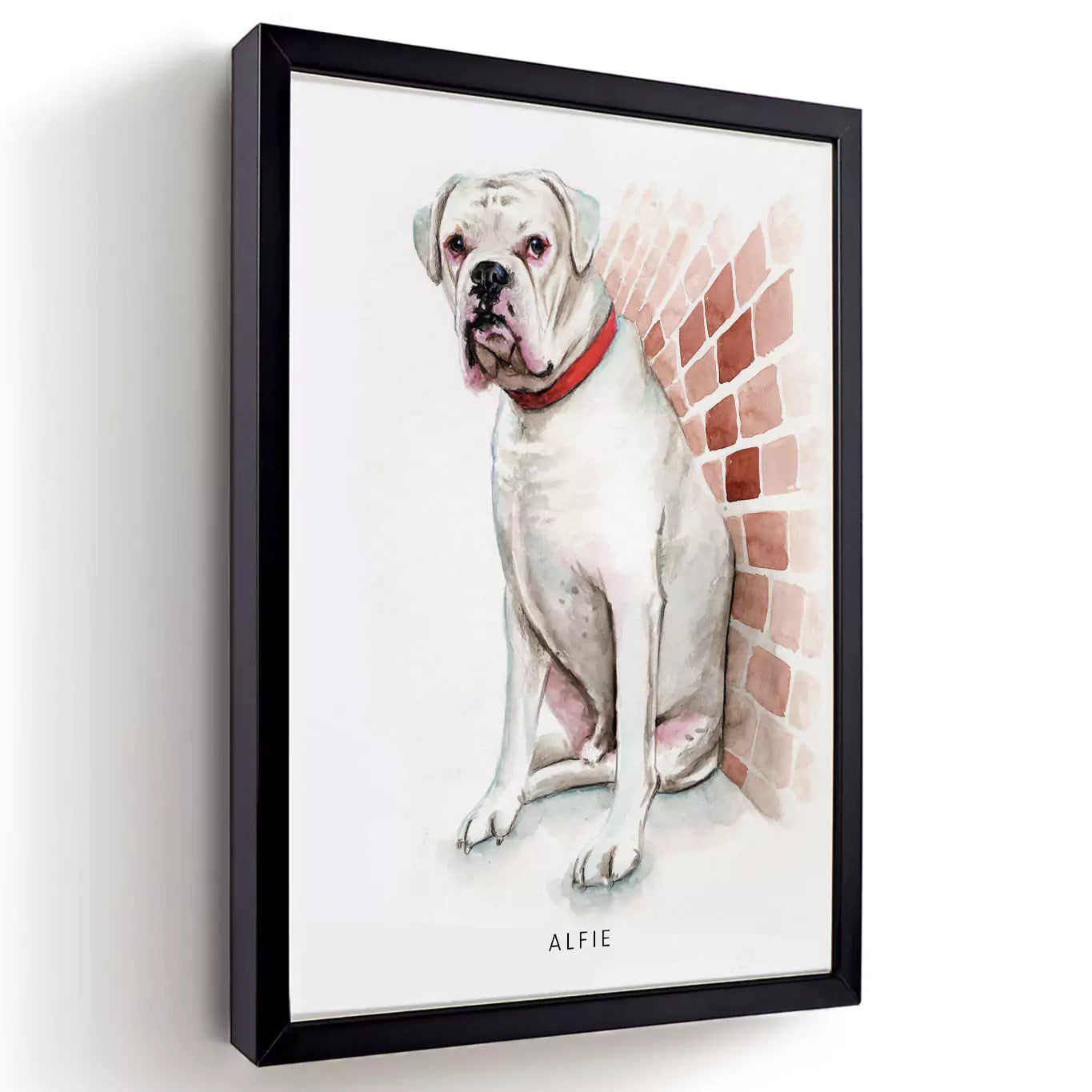 watercolour pet portrait in a black frame