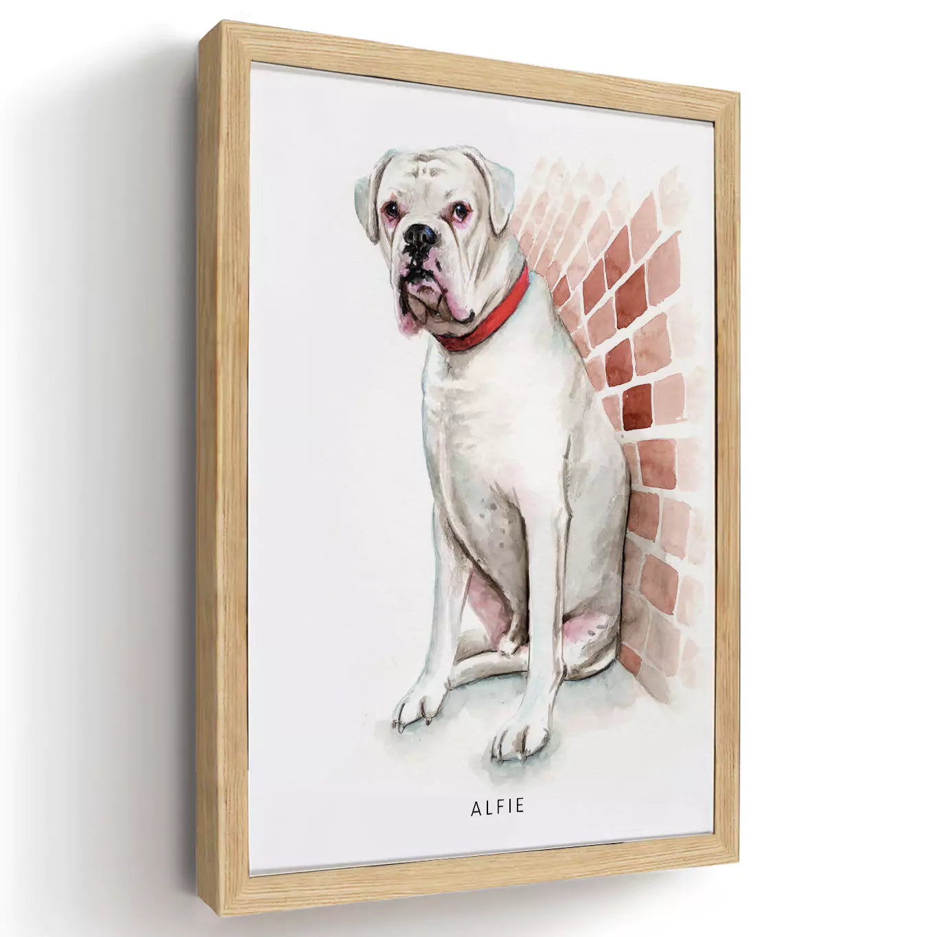 watercolour pet portrait in a wood frame