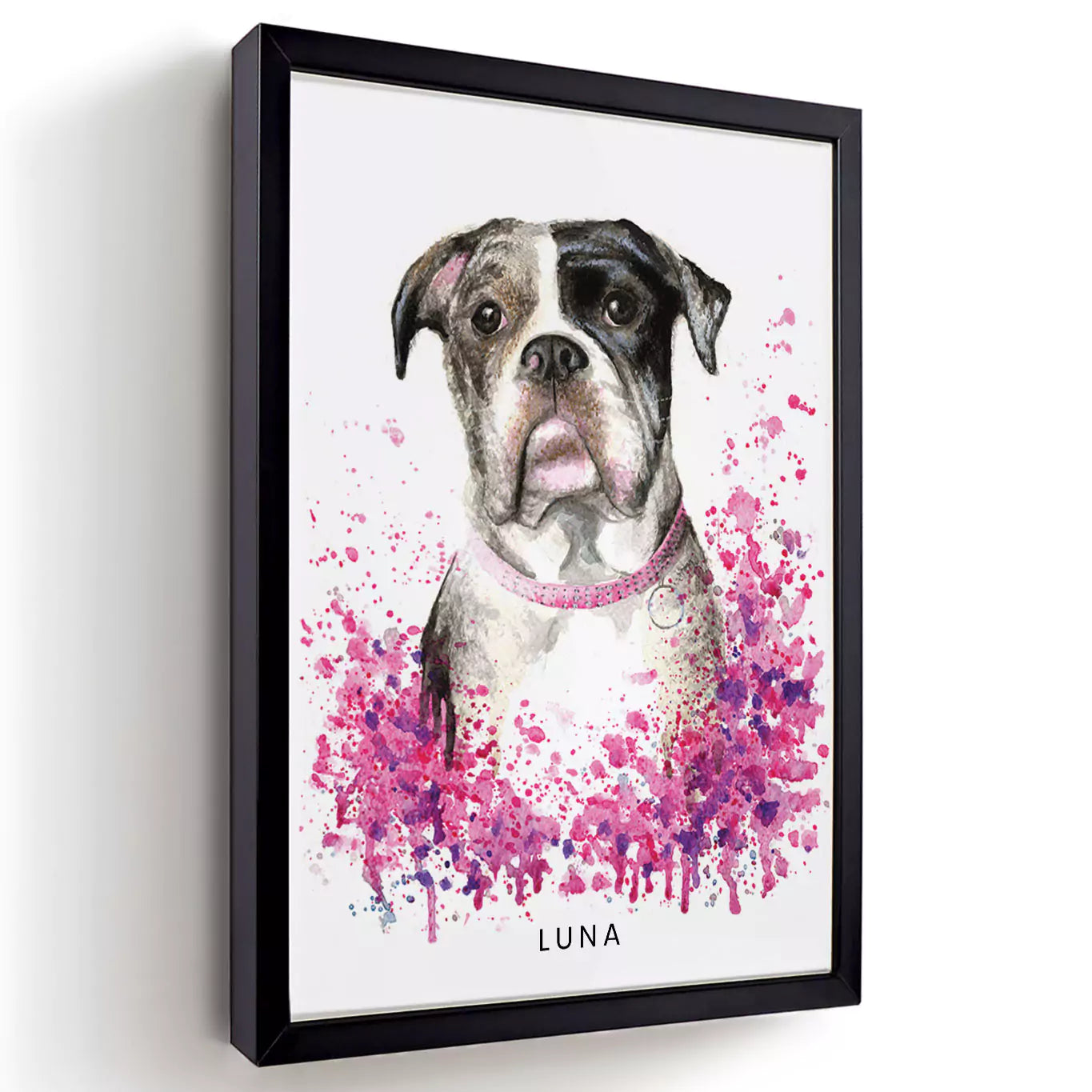 watercolour splash pet portrait in a canvas frame