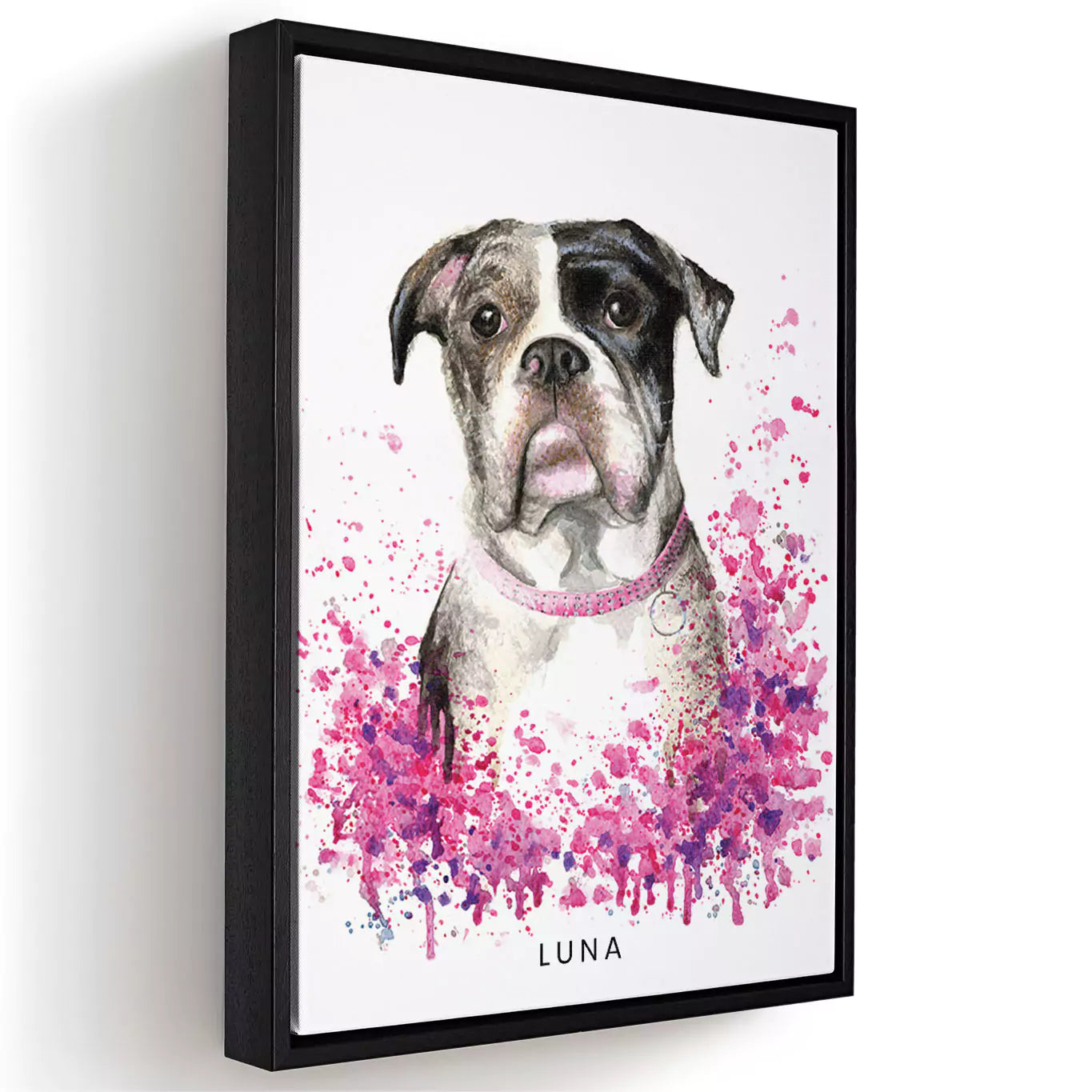 watercolour splash pet portrait in a canvas frame