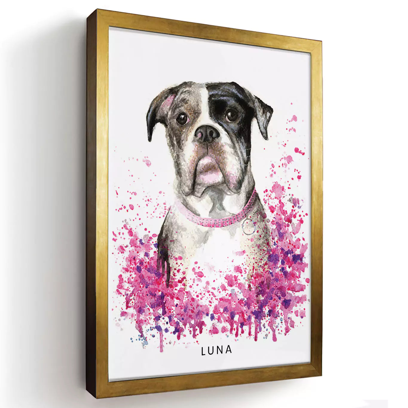 watercolour splash pet portrait in a gold frame