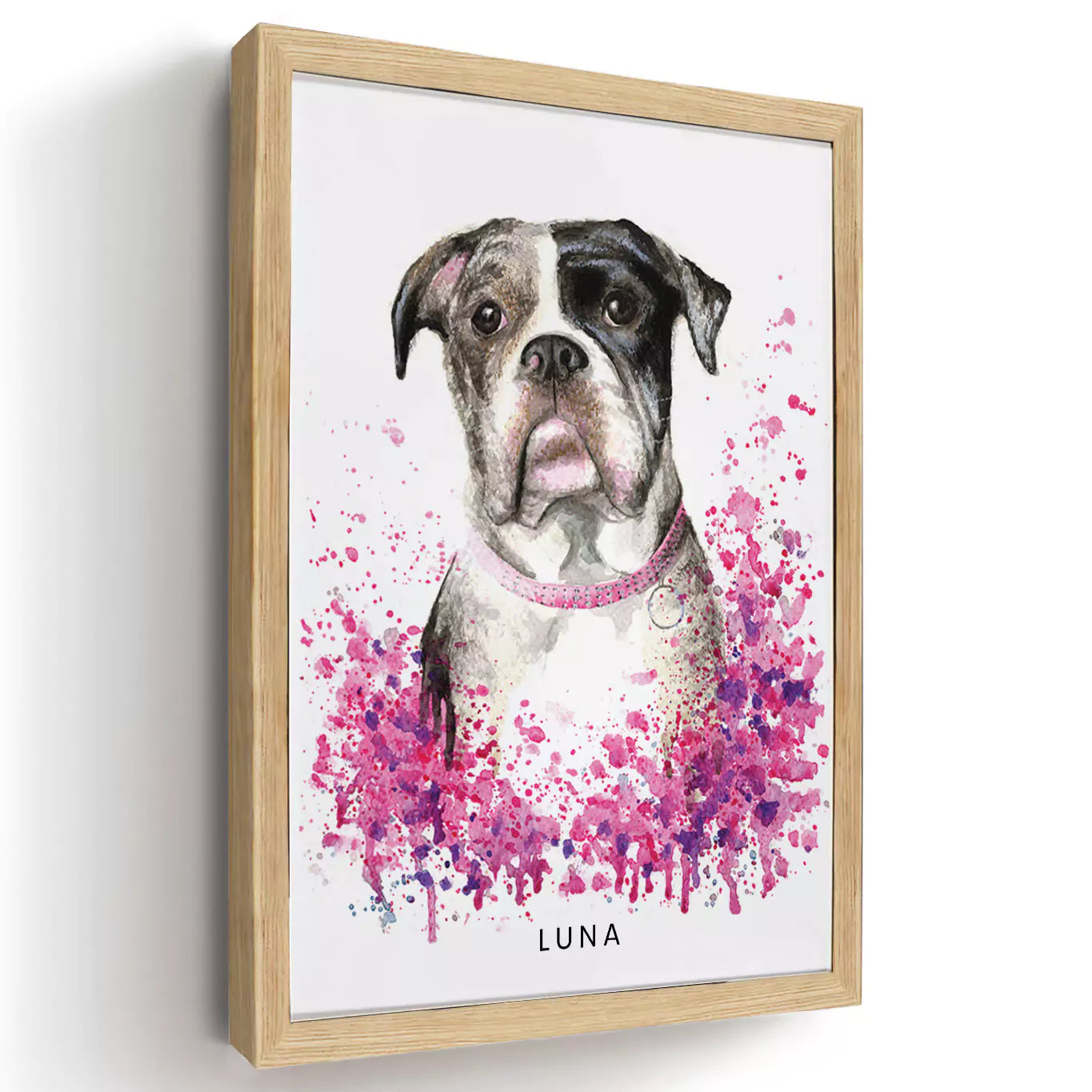 watercolour splash pet portrait in a wood frame