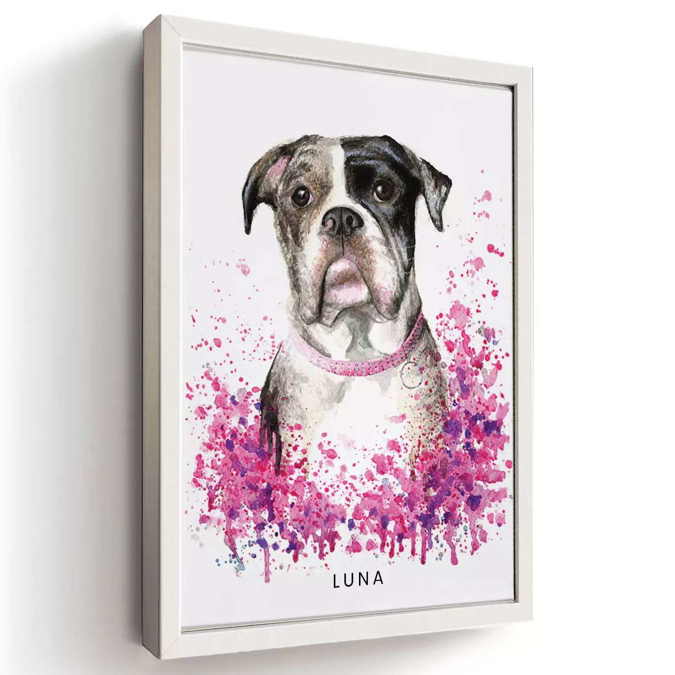 watercolour splash pet portrait in a white frame