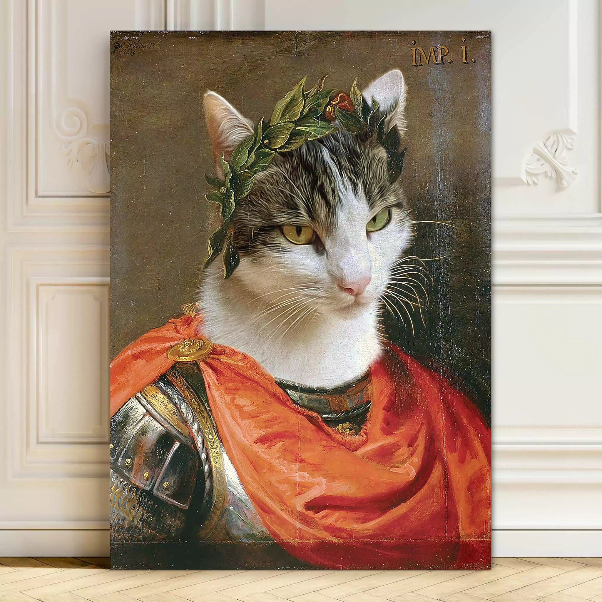 cat or dog in julius caesar outfit, Roman emperor pet portrait