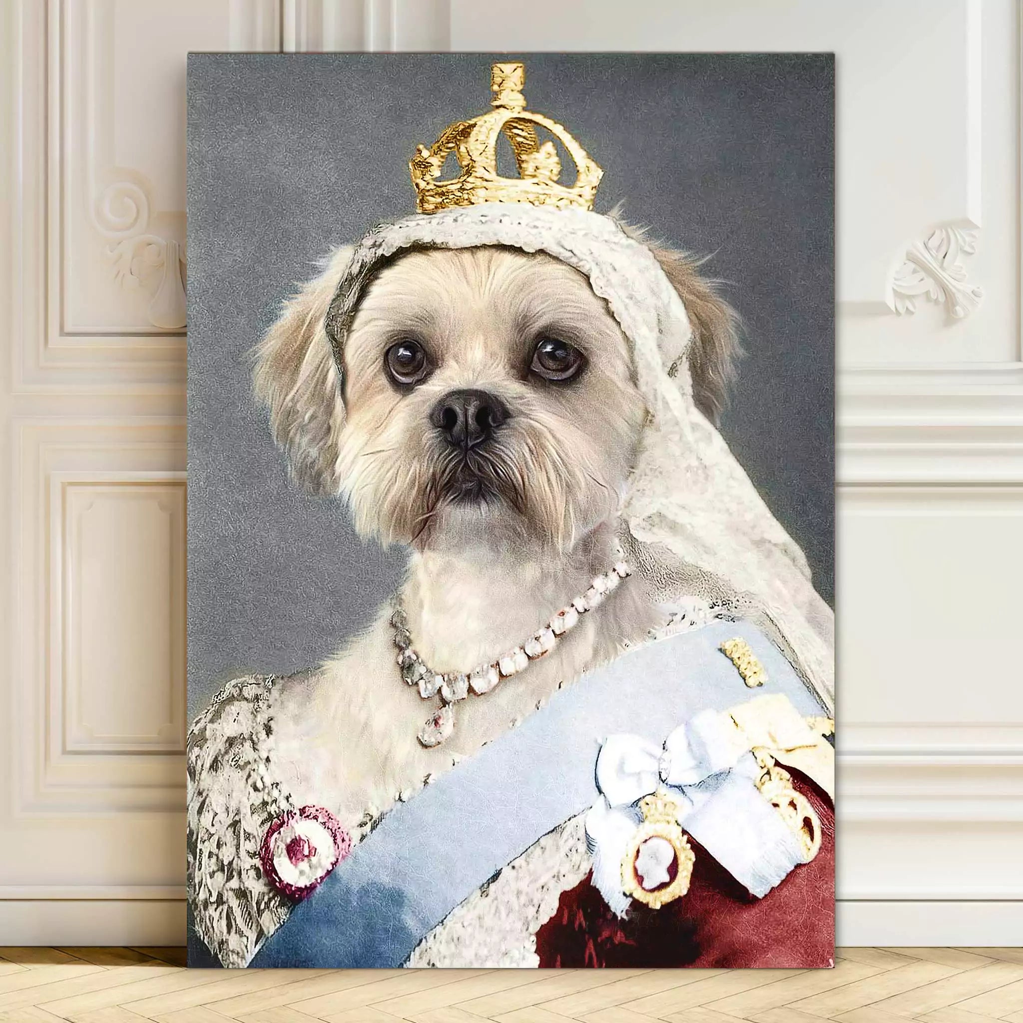 personalised dog portrait in Queen costume 